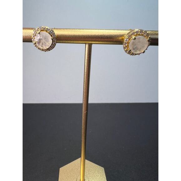 Rainbow moonstone halo stud gold over silver earrings - Picture 1 of 11